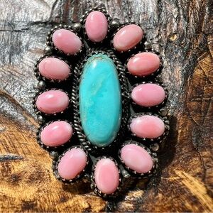 Sterling Silver Kingman Turquoise & Queen Conch Statement Cluster Ring Size 8.75